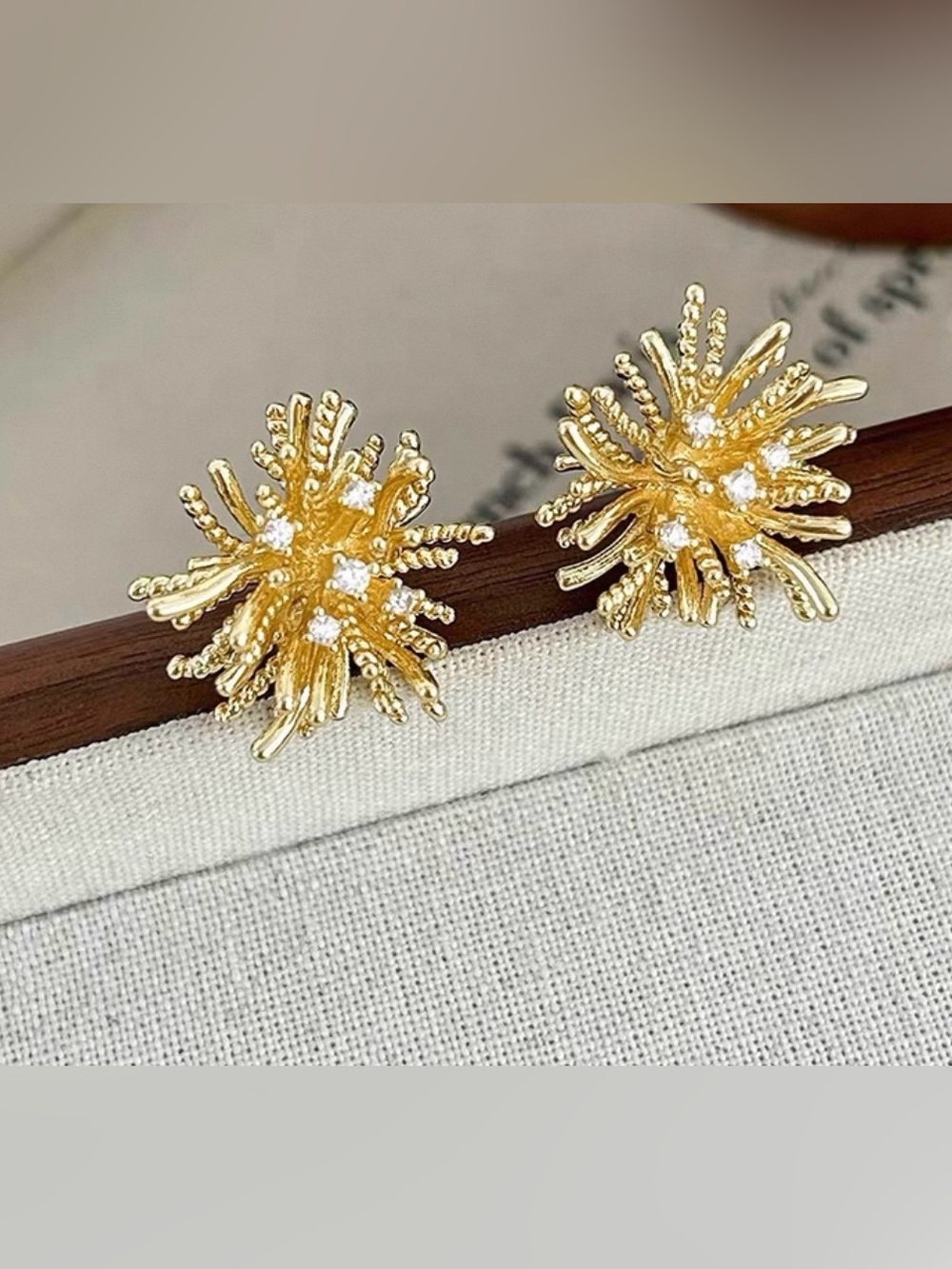 Gold Starburst Crystal Stud Earrings - Sparkling Gold Floral Design